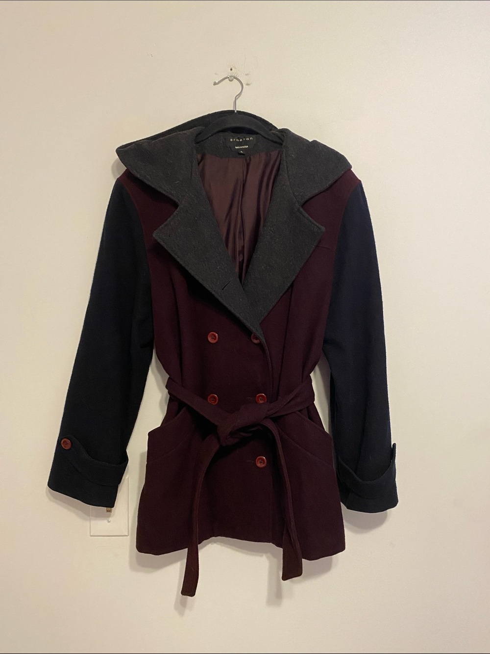 Braetan Burgundy and Black wool Double-Breasted Belted Trench Coat
